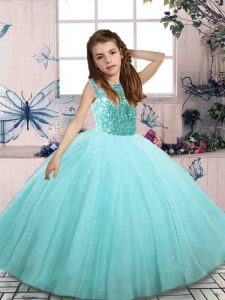 Amazing Aqua Blue Ball Gowns Tulle Scoop Sleeveless Beading Floor Length Lace Up Little Girls Pageant Dress