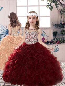 Burgundy Organza Lace Up Scoop Sleeveless Floor Length Kids Formal Wear Beading and Ruffles