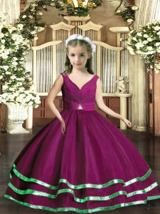 Purple Organza Backless Little Girl Pageant Dress Sleeveless Floor Length Beading and Ruching