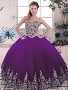 Sweetheart Sleeveless Sweet 16 Dress Floor Length Beading and Embroidery Purple Tulle