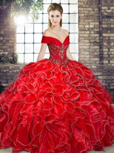 Elegant Red Off The Shoulder Neckline Beading and Ruffles Quinceanera Dresses Sleeveless Lace Up