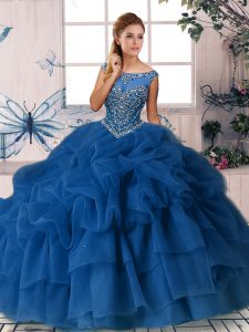 Royal Blue 15 Quinceanera Dress Organza Brush Train Sleeveless Beading and Pick Ups