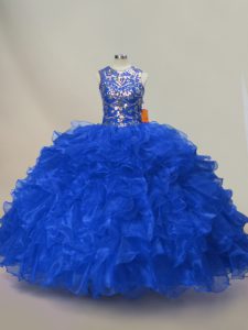 Nice Floor Length Lace Up Ball Gown Prom Dress Royal Blue for Sweet 16 and Quinceanera with Ruffles and Sequins