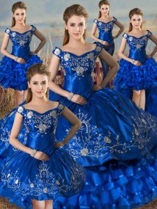 Royal Blue Lace Up Off The Shoulder Embroidery and Ruffled Layers Ball Gown Prom Dress Satin Sleeveless