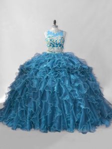 Superior Blue Two Pieces Organza Scoop Sleeveless Beading and Ruffles Zipper Quinceanera Gown Brush Train