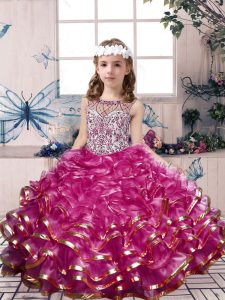 Ball Gowns Pageant Dress for Womens Fuchsia Scoop Organza Sleeveless Floor Length Lace Up