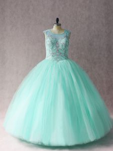 Latest Ball Gowns Quinceanera Dress Apple Green Scoop Tulle Sleeveless Floor Length Lace Up