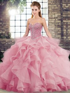 Vintage Sleeveless Tulle Brush Train Lace Up Quinceanera Gowns in Pink with Beading and Ruffles