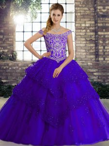 Off The Shoulder Sleeveless Tulle 15th Birthday Dress Beading and Lace Brush Train Lace Up