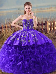Flirting Sleeveless Embroidery and Ruffles Lace Up 15 Quinceanera Dress with Purple Brush Train