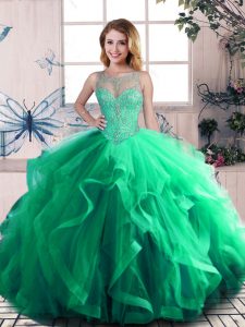 Glamorous Green Ball Gown Prom Dress Sweet 16 and Quinceanera with Beading and Ruffles Scoop Sleeveless Lace Up