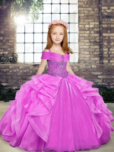 Lilac Straps Lace Up Beading and Ruffles Pageant Dress Sleeveless