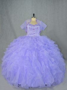 Customized Sleeveless Organza Floor Length Lace Up Quinceanera Gowns in Lavender with Beading and Ruffles