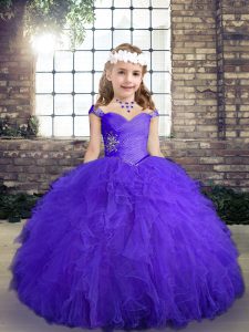 Best Purple Tulle Lace Up Kids Formal Wear Sleeveless Floor Length Beading and Ruffles