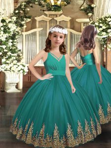 Floor Length Turquoise Little Girls Pageant Dress Tulle Sleeveless Embroidery