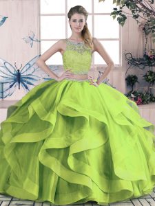 Two Pieces 15 Quinceanera Dress Green Scoop Tulle Sleeveless Floor Length Lace Up