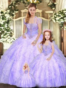 Sweet Sleeveless Tulle Floor Length Lace Up 15th Birthday Dress in Lavender with Beading and Appliques and Ruffles