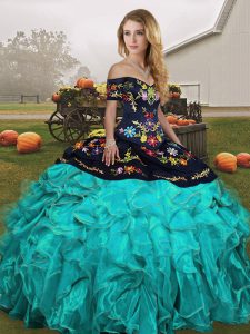Designer Off The Shoulder Sleeveless Organza Quinceanera Dresses Embroidery and Ruffles Lace Up