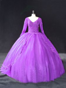 Purple Long Sleeves Tulle Lace Up Quinceanera Gowns for Sweet 16 and Quinceanera