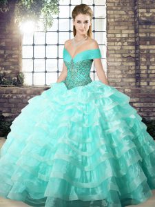 Hot Sale Apple Green Ball Gowns Organza Off The Shoulder Sleeveless Beading and Ruffled Layers Lace Up Quinceanera Dress Brush Train