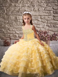 Gold Pageant Dress for Teens Party and Sweet 16 and Wedding Party with Beading and Ruffled Layers Straps Sleeveless Brush Train Lace Up