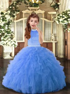 Blue Little Girl Pageant Dress Party and Sweet 16 and Wedding Party with Beading Halter Top Sleeveless Backless