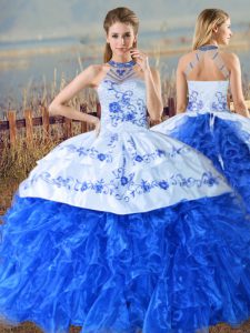 Cute Halter Top Sleeveless 15th Birthday Dress Court Train Embroidery and Ruffles Royal Blue Organza