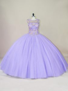 Floor Length Lavender Sweet 16 Dresses Tulle Sleeveless Beading