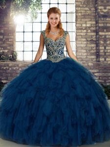 Latest Ball Gowns Quinceanera Gown Blue Straps Organza Sleeveless Floor Length Lace Up
