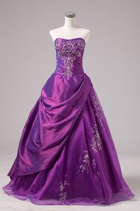 Charming Purple Strapless Neckline Embroidery 15 Quinceanera Dress Sleeveless Zipper