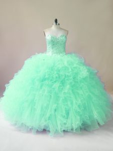 Apple Green Ball Gowns Beading and Ruffles 15th Birthday Dress Lace Up Tulle Sleeveless Floor Length