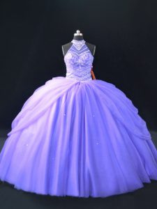 Spectacular Floor Length Lace Up Quinceanera Gown Lavender for Sweet 16 and Quinceanera with Beading