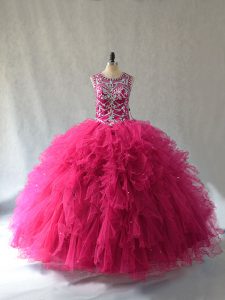 Amazing Hot Pink Tulle Lace Up Scoop Sleeveless Quinceanera Gowns Beading
