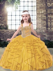 Glamorous Gold Ball Gowns Straps Sleeveless Tulle Floor Length Lace Up Beading and Ruffles Kids Pageant Dress
