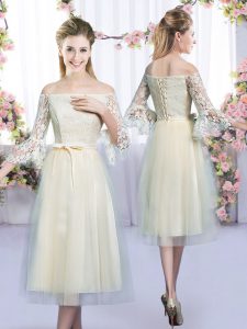 Flirting Tea Length Champagne Quinceanera Court of Honor Dress Off The Shoulder 3 4 Length Sleeve Lace Up