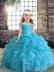 Excellent Blue Ball Gowns Straps Sleeveless Organza Floor Length Lace Up Beading and Ruffles and Pick Ups Little Girl Pageant Dress