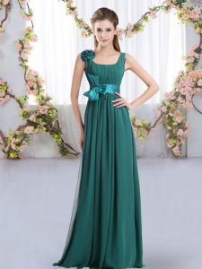 Peacock Green Straps Zipper Belt and Hand Made Flower Dama Dress for Quinceanera Sleeveless