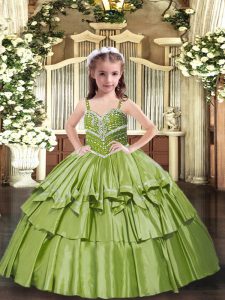 Olive Green Lace Up Straps Beading and Ruffled Layers Little Girl Pageant Gowns Taffeta Sleeveless