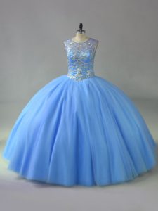 Blue Sweet 16 Dresses Sweet 16 and Quinceanera with Beading Scoop Sleeveless Lace Up