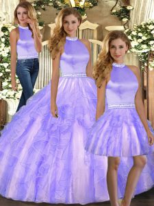 Perfect Sleeveless Tulle Floor Length Backless Quinceanera Dress in Lavender with Beading and Ruffles