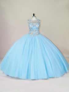 High Class Blue Ball Gowns Scoop Sleeveless Tulle Floor Length Lace Up Beading Sweet 16 Dress