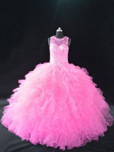 Super Baby Pink Organza Lace Up Scoop Sleeveless Quinceanera Dress Beading and Ruffles