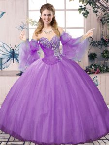 Designer Lavender Lace Up Quince Ball Gowns Beading Long Sleeves Floor Length