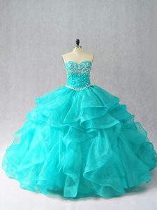 Eye-catching Aqua Blue Ball Gowns Beading and Ruffles Quinceanera Dresses Lace Up Organza Sleeveless Floor Length