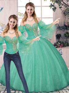 Sweetheart Sleeveless Quince Ball Gowns Floor Length Beading Turquoise Tulle