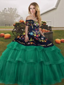 Fitting Green Sleeveless Tulle Brush Train Lace Up Sweet 16 Dresses for Military Ball and Sweet 16 and Quinceanera