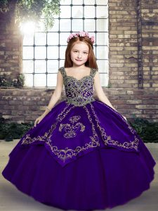 Exceptional Purple Sleeveless Floor Length Embroidery Lace Up Kids Pageant Dress