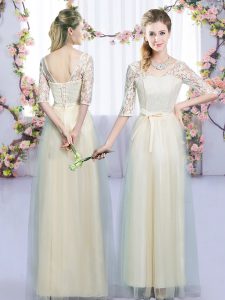 Modest Half Sleeves Floor Length Lace and Bowknot Lace Up Vestidos de Damas with Champagne