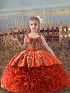 Custom Made Orange Red Ball Gowns Straps Sleeveless Fabric With Rolling Flowers Sweep Train Lace Up Embroidery High School Pageant Dress