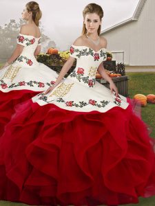 White And Red Ball Gowns Off The Shoulder Sleeveless Tulle Floor Length Lace Up Embroidery and Ruffles Sweet 16 Quinceanera Dress